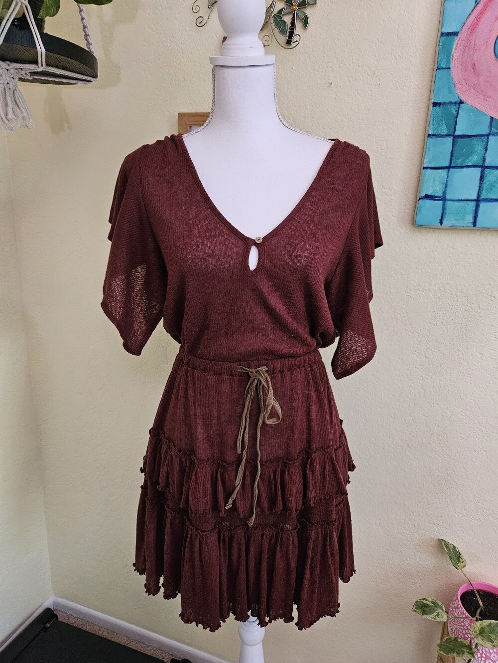 Free People Beach Boho Tie-Waist V-Neck Tiered Dress in Brown Sz XS